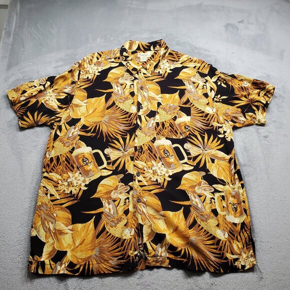 Panama Jack Hawaiian Shirt Tropical Flowers and Beer Mugs Gold Black Men Sz XL - Picture 1 of 11